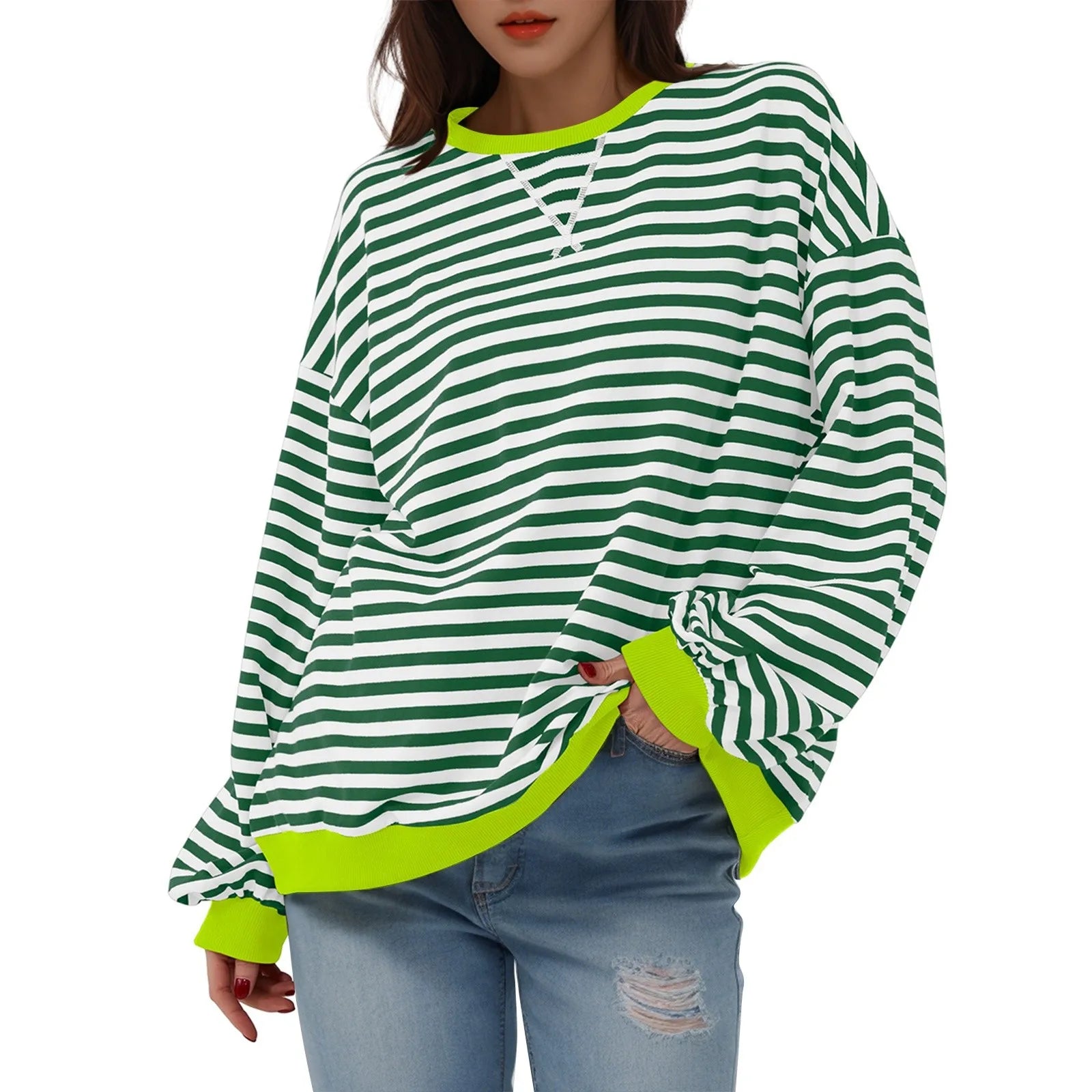 Sweatshirts- Women's Sporty Striped Drop Shoulder Sweatshirt- - Pekosa Women Fashion