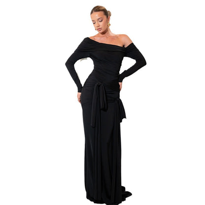 Sweep Train Dresses - Long Sleeve Off-Shoulder Maxi Gown with Waist Ties