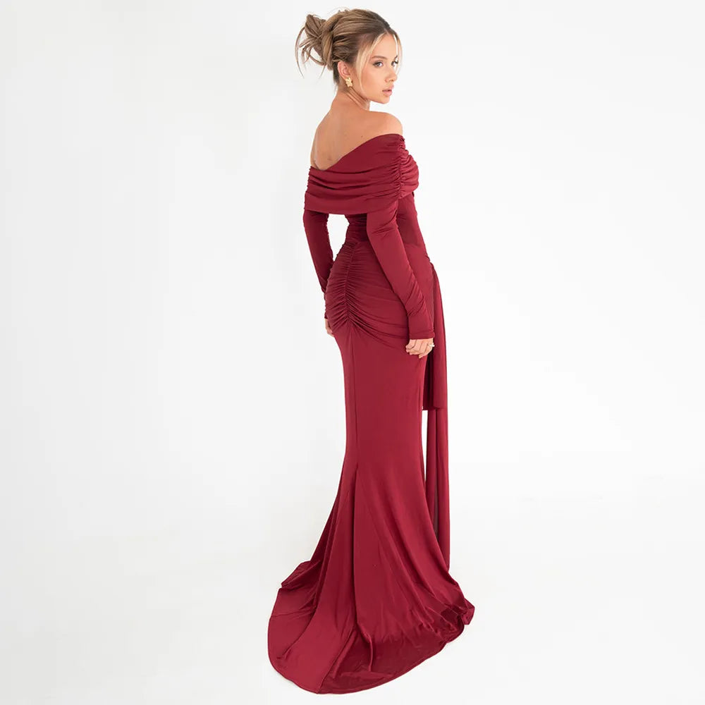 Sweep Train Dresses - Long Sleeve Off-Shoulder Maxi Gown with Waist Ties