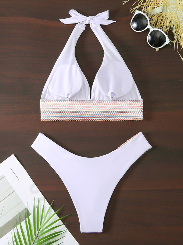 Swimsuits- 2 Piece Swimsuit - Triangle Padded Bra & High-Cut Bikini with Elastic Stripes- - Pekosa Women Fashion