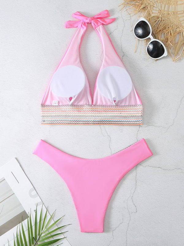 Swimsuits- 2 Piece Swimsuit - Triangle Padded Bra & High-Cut Bikini with Elastic Stripes- - Pekosa Women Fashion