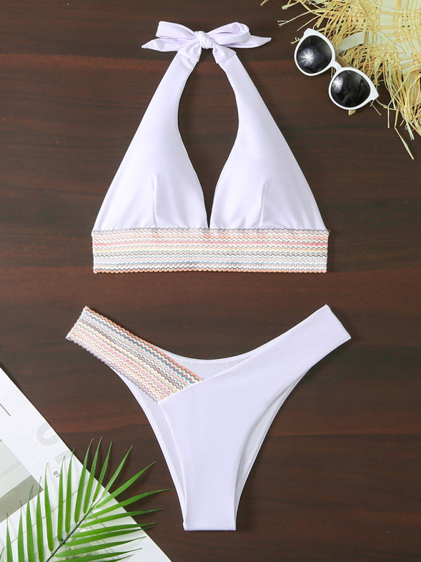 Swimsuits- 2 Piece Swimsuit - Triangle Padded Bra & High-Cut Bikini with Elastic Stripes- - Pekosa Women Fashion