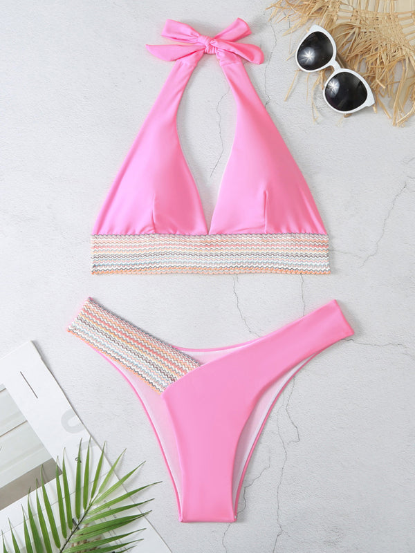 Swimsuits- 2 Piece Swimsuit - Triangle Padded Bra & High-Cut Bikini with Elastic Stripes- - Pekosa Women Fashion