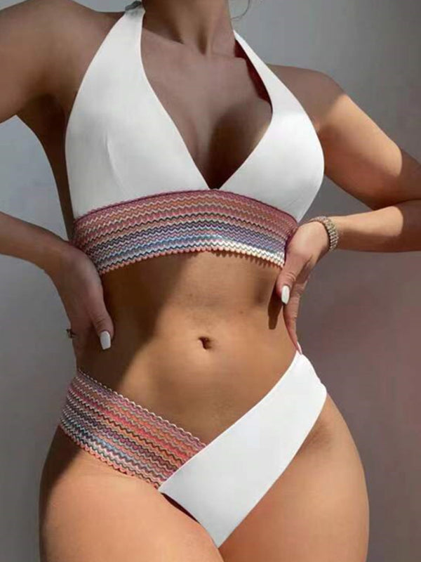 Swimsuits- 2 Piece Swimsuit - Triangle Padded Bra & High-Cut Bikini with Elastic Stripes- - Pekosa Women Fashion