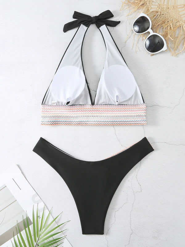 Swimsuits- 2 Piece Swimsuit - Triangle Padded Bra & High-Cut Bikini with Elastic Stripes- - Pekosa Women Fashion