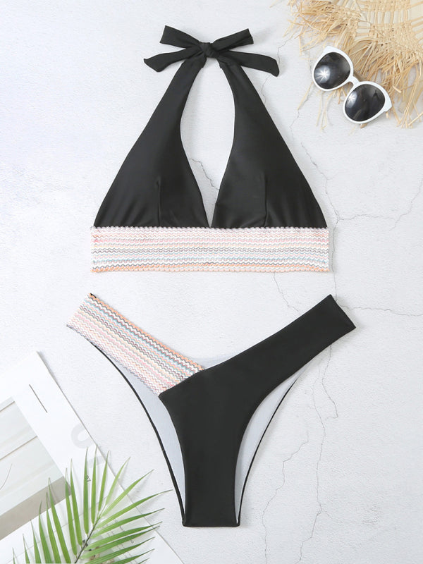 Swimsuits- 2 Piece Swimsuit - Triangle Padded Bra & High-Cut Bikini with Elastic Stripes- - Pekosa Women Fashion