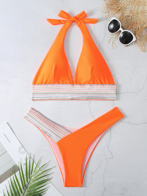 Swimsuits- 2 Piece Swimsuit - Triangle Padded Bra & High-Cut Bikini with Elastic Stripes- - Pekosa Women Fashion