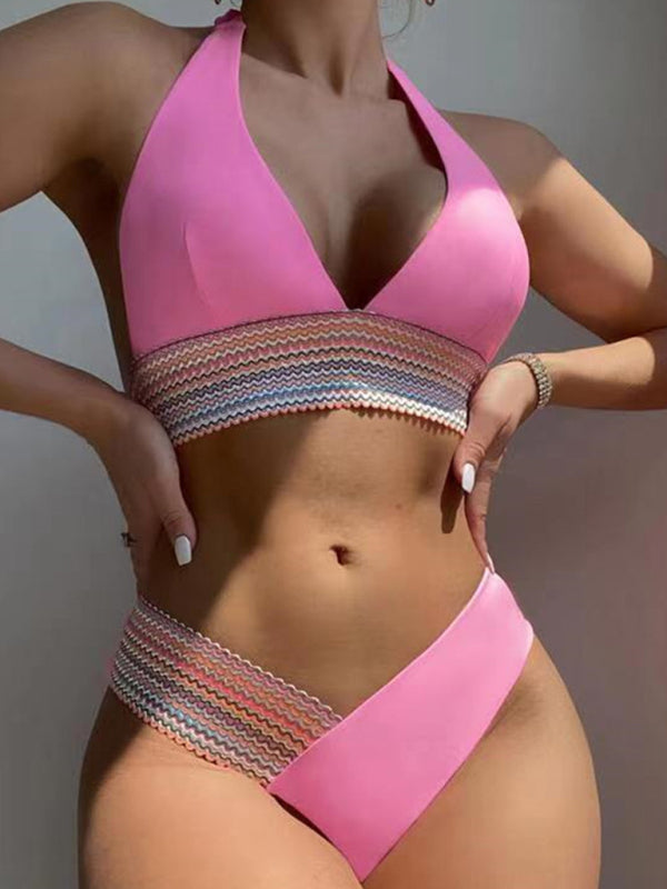 Swimsuits- 2 Piece Swimsuit - Triangle Padded Bra & High-Cut Bikini with Elastic Stripes- - Pekosa Women Fashion