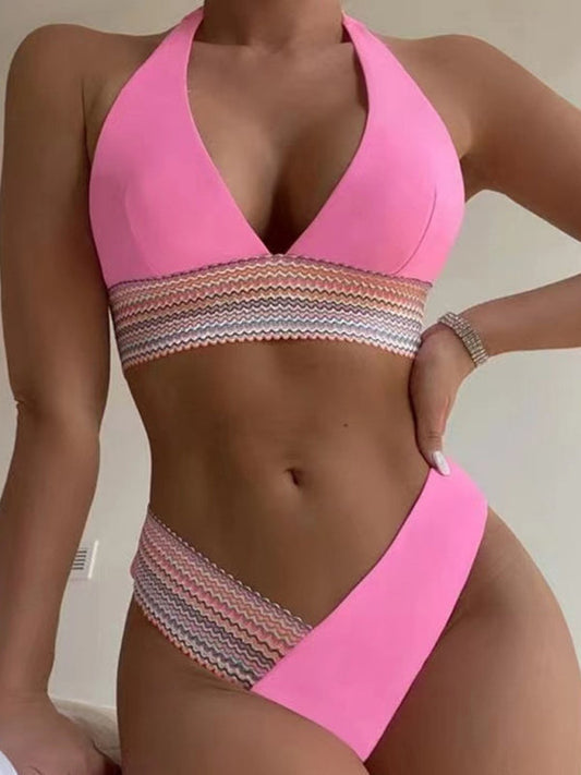 Swimsuits- 2 Piece Swimsuit - Triangle Padded Bra & High-Cut Bikini with Elastic Stripes- Pink- Pekosa Women Fashion