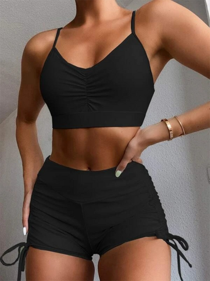 Swimsuits- Bathing Suit High-Waist Ruched Shorts & Sporty Top for Women- Black- Pekosa Women Fashion