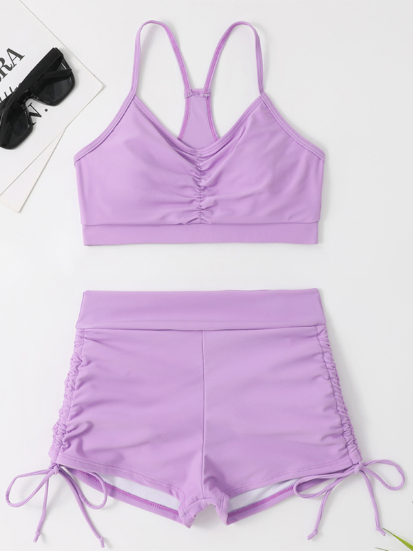 Swimsuits- Bathing Suit High-Waist Ruched Shorts & Sporty Top for Women- - Pekosa Women Fashion