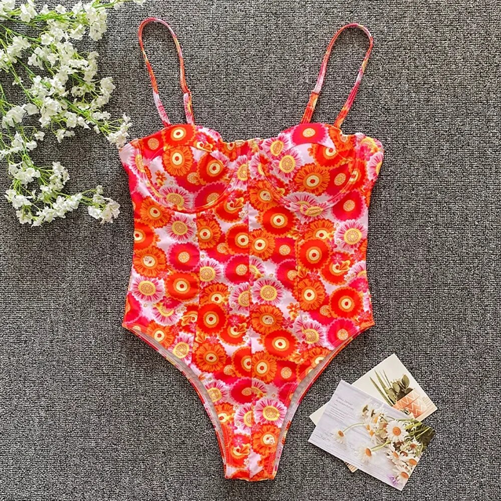 Swimsuits- Beach Floral Vacation Sporty One-Piece Underwire Swimwear- - Pekosa Women Clothing