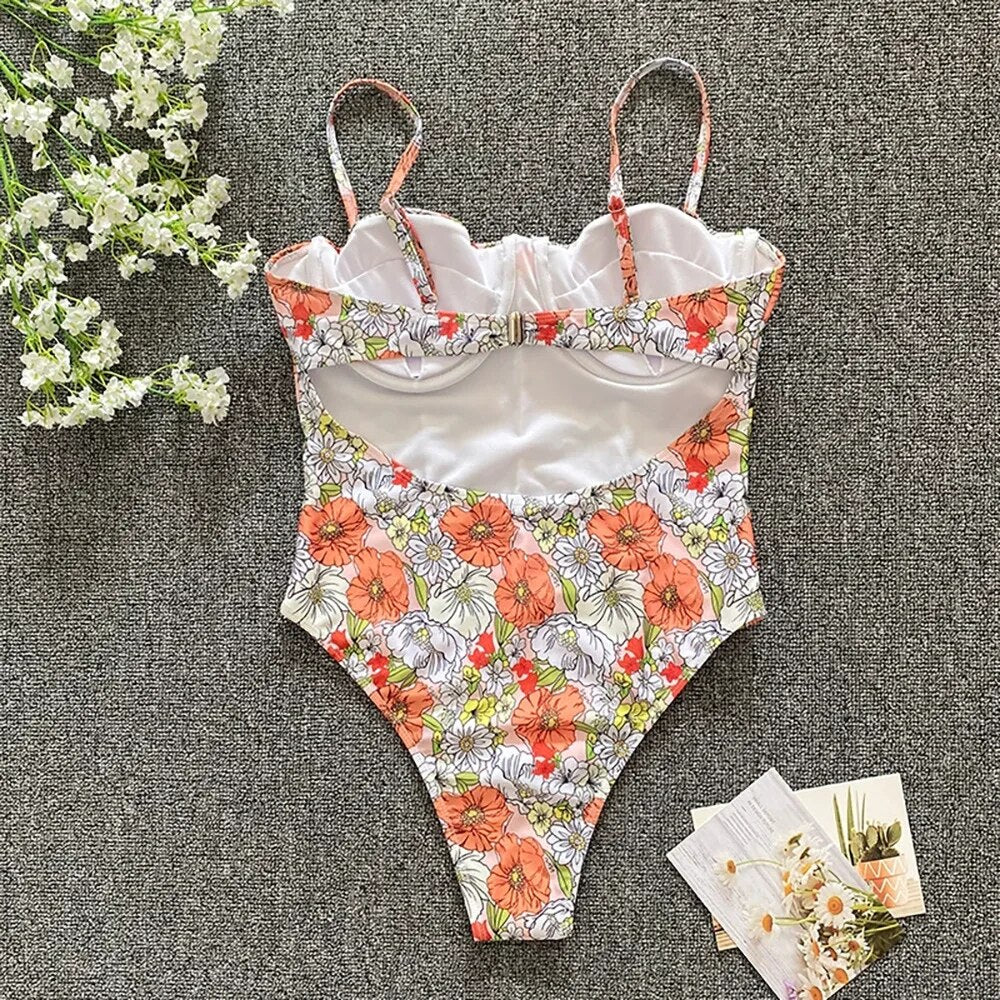 Swimsuits- Beach Floral Vacation Sporty One-Piece Underwire Swimwear- - Pekosa Women Clothing