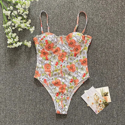 Swimsuits- Beach Floral Vacation Sporty One-Piece Underwire Swimwear- - Pekosa Women Clothing