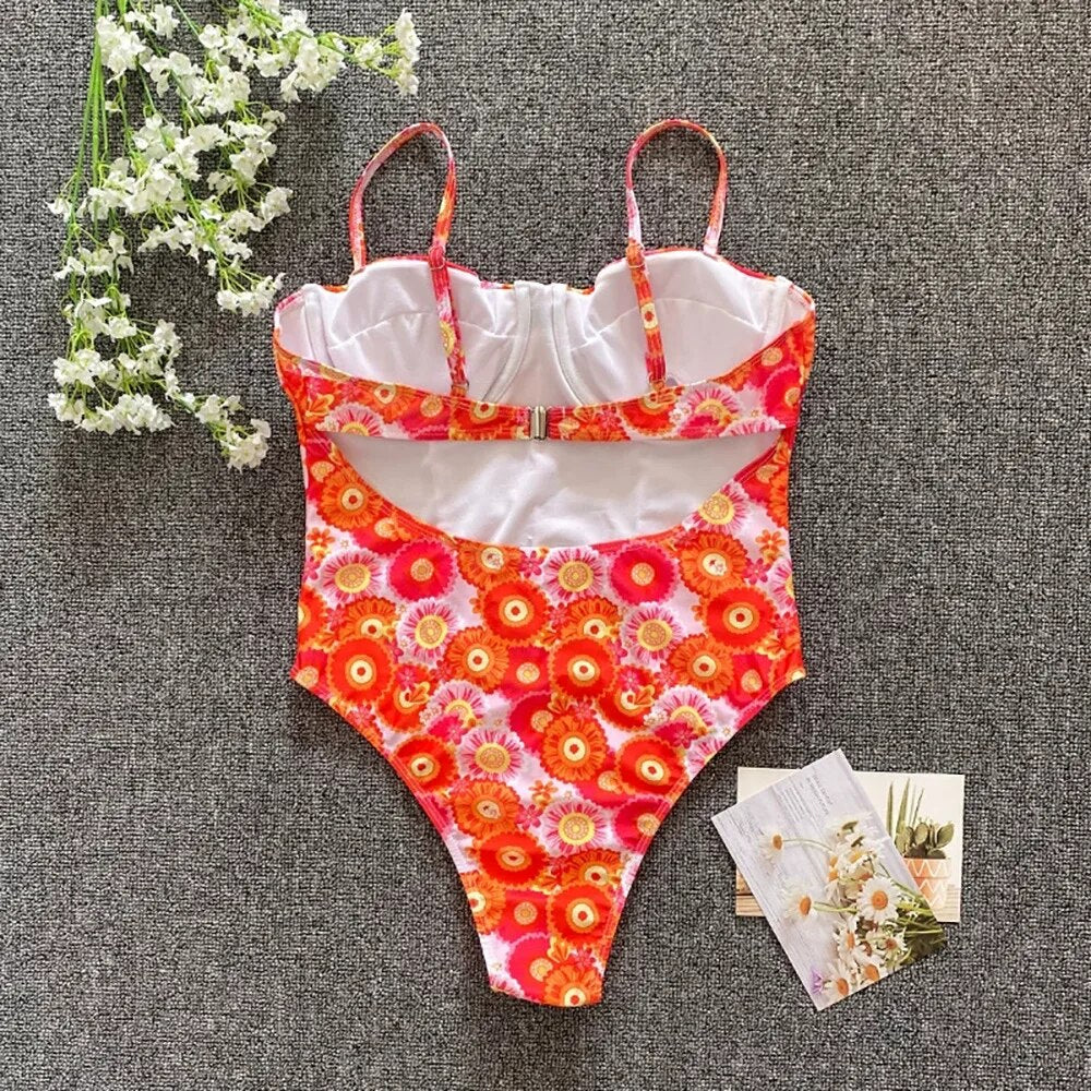 Swimsuits- Beach Floral Vacation Sporty One-Piece Underwire Swimwear- - Pekosa Women Clothing