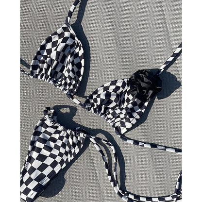 Swimsuits - Checkerboard Two-Piece Brazilian Beachwear Black & White Swim Set