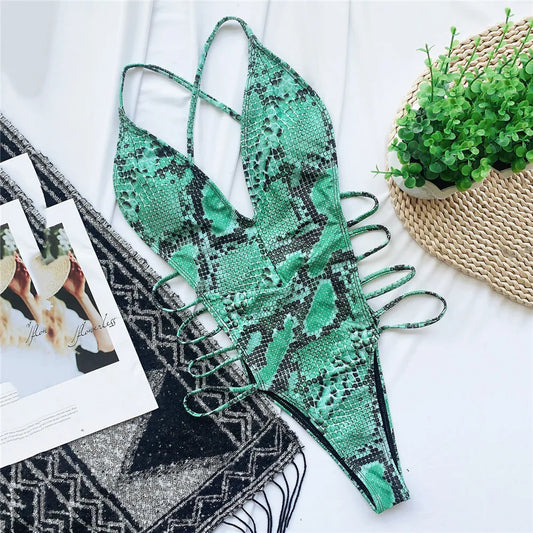 Swimsuits - Elegant Snake Print Cutout One Piece Swimwear