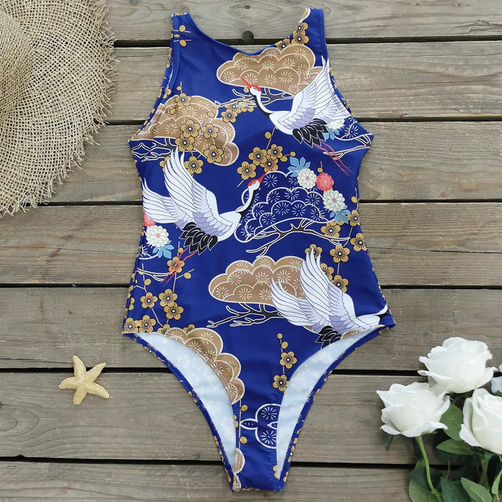 Swimsuits - Exotic Bird Pattern One Piece Swimsuit for Women