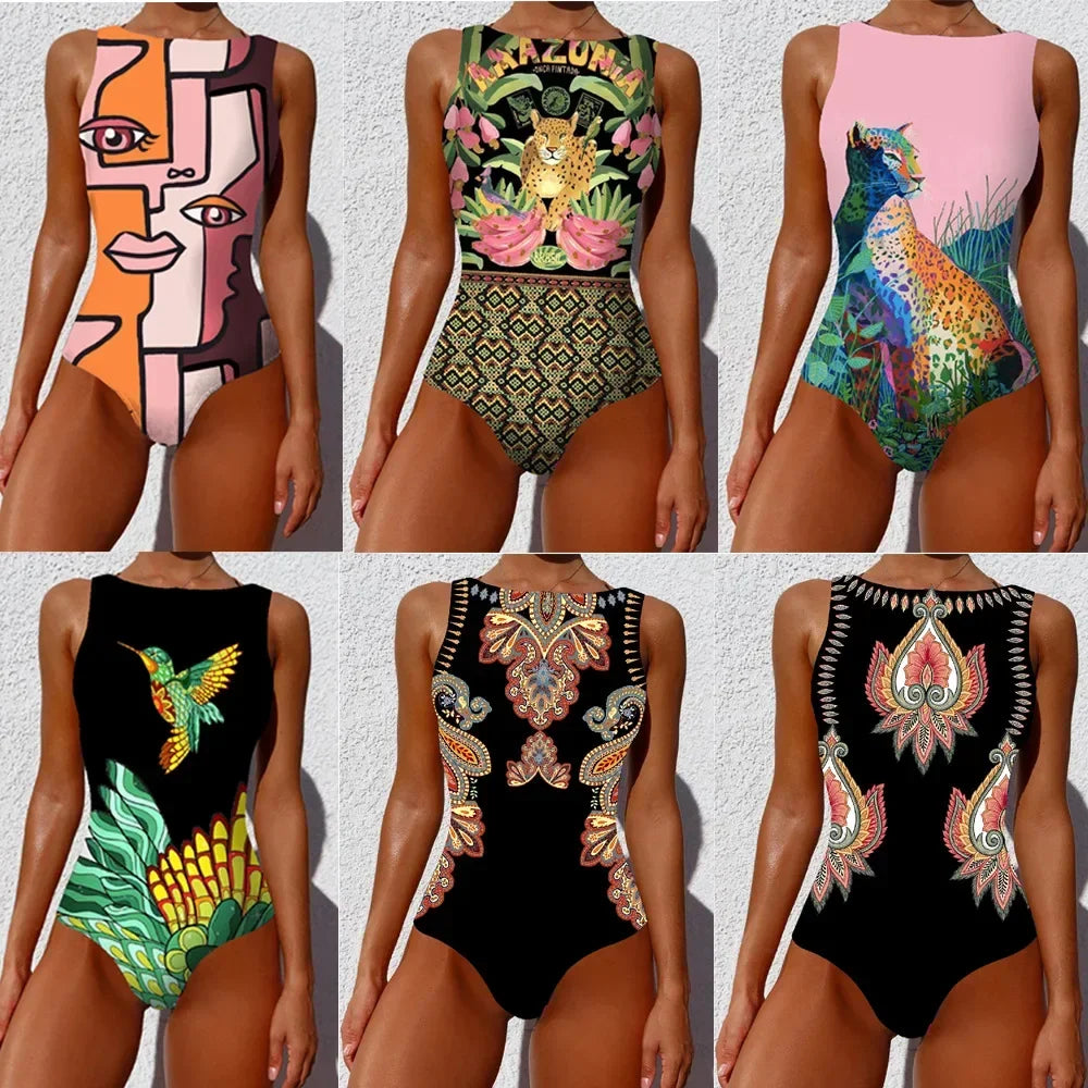 Swimsuits - Exotic Bird Pattern One Piece Swimsuit for Women