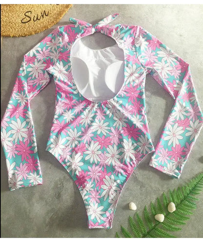 Swimsuits - Floral Long-Sleeve Surfing Swimsuit for Women