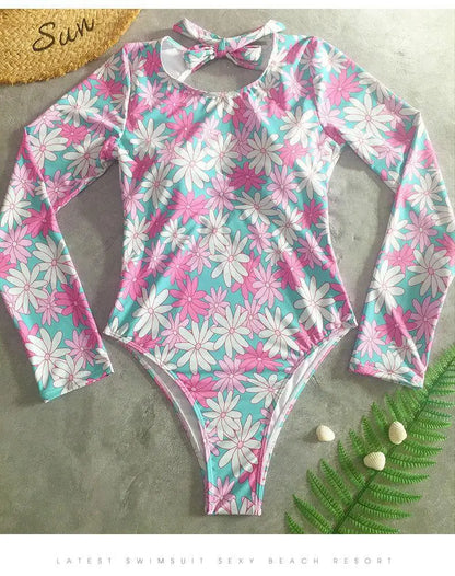 Swimsuits - Floral Long-Sleeve Surfing Swimsuit for Women