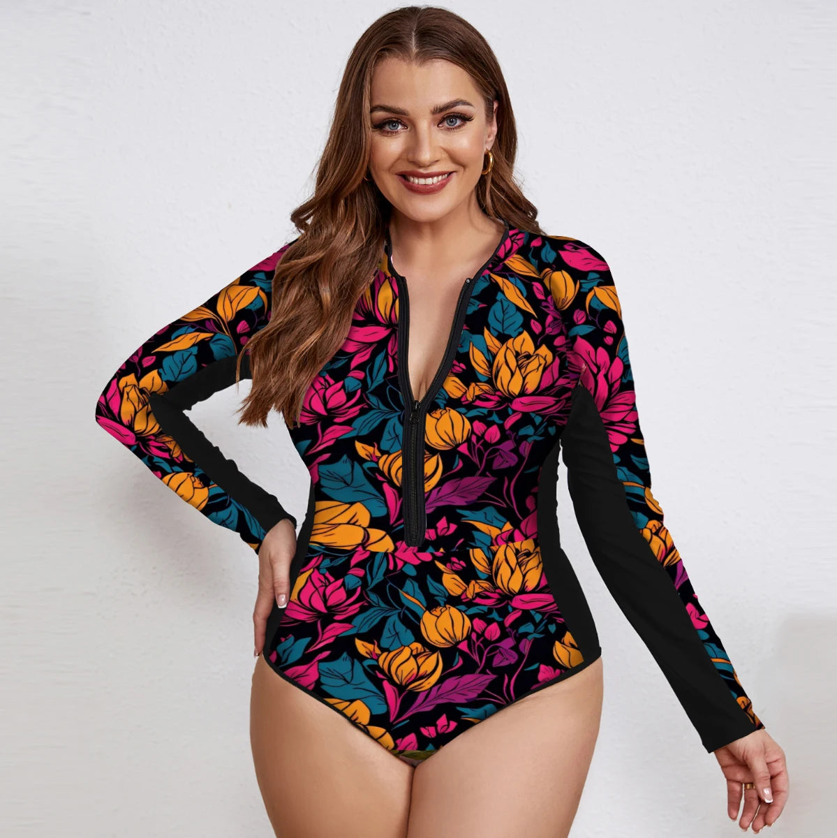 Swimsuits - Floral Rash Guard Long-Sleeve Swimwear for Full-Figured Women