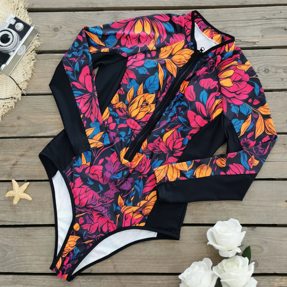 Swimsuits - Floral Rash Guard Long-Sleeve Swimwear for Full-Figured Women