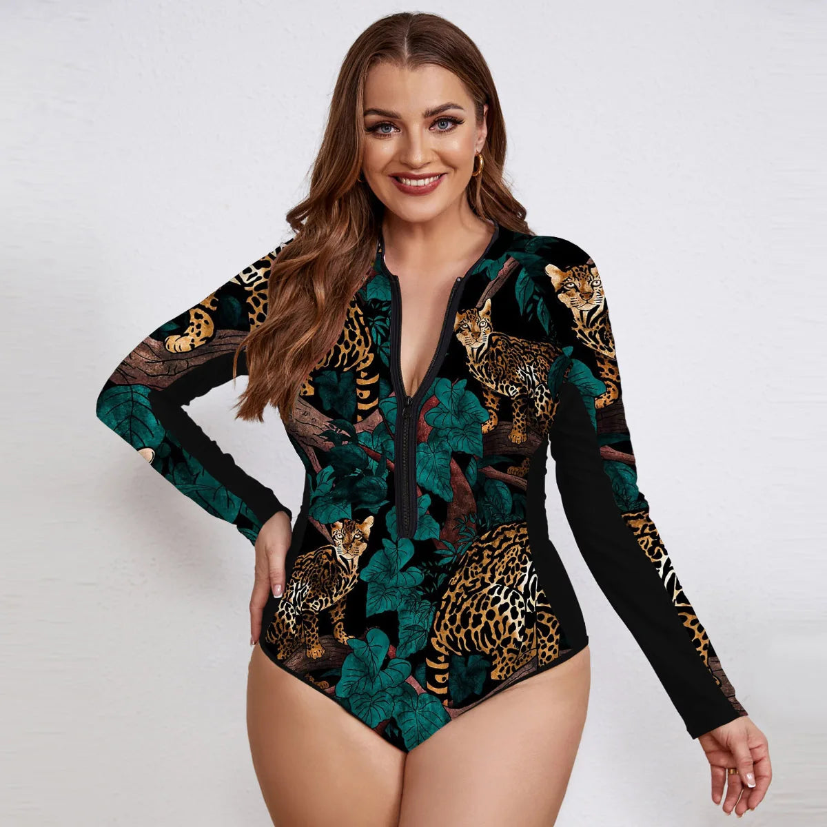 Swimsuits - Floral Rash Guard Long-Sleeve Swimwear for Full-Figured Women