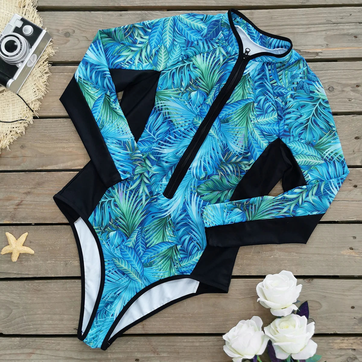 Swimsuits - Floral Rash Guard Long-Sleeve Swimwear for Full-Figured Women