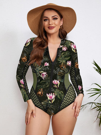 Swimsuits - Floral Rash Guard Long-Sleeve Swimwear for Full-Figured Women