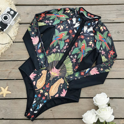 Swimsuits - Floral Rash Guard Long-Sleeve Swimwear for Full-Figured Women