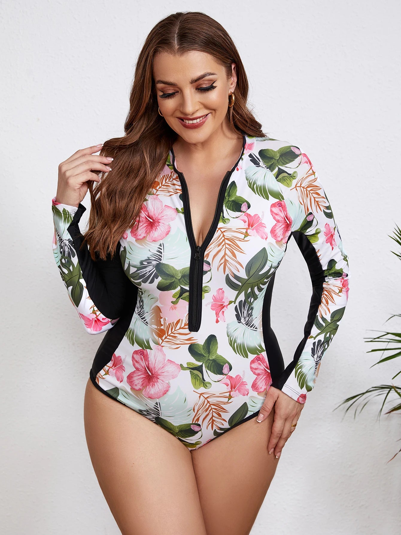 Swimsuits - Floral Rash Guard Long-Sleeve Swimwear for Full-Figured Women