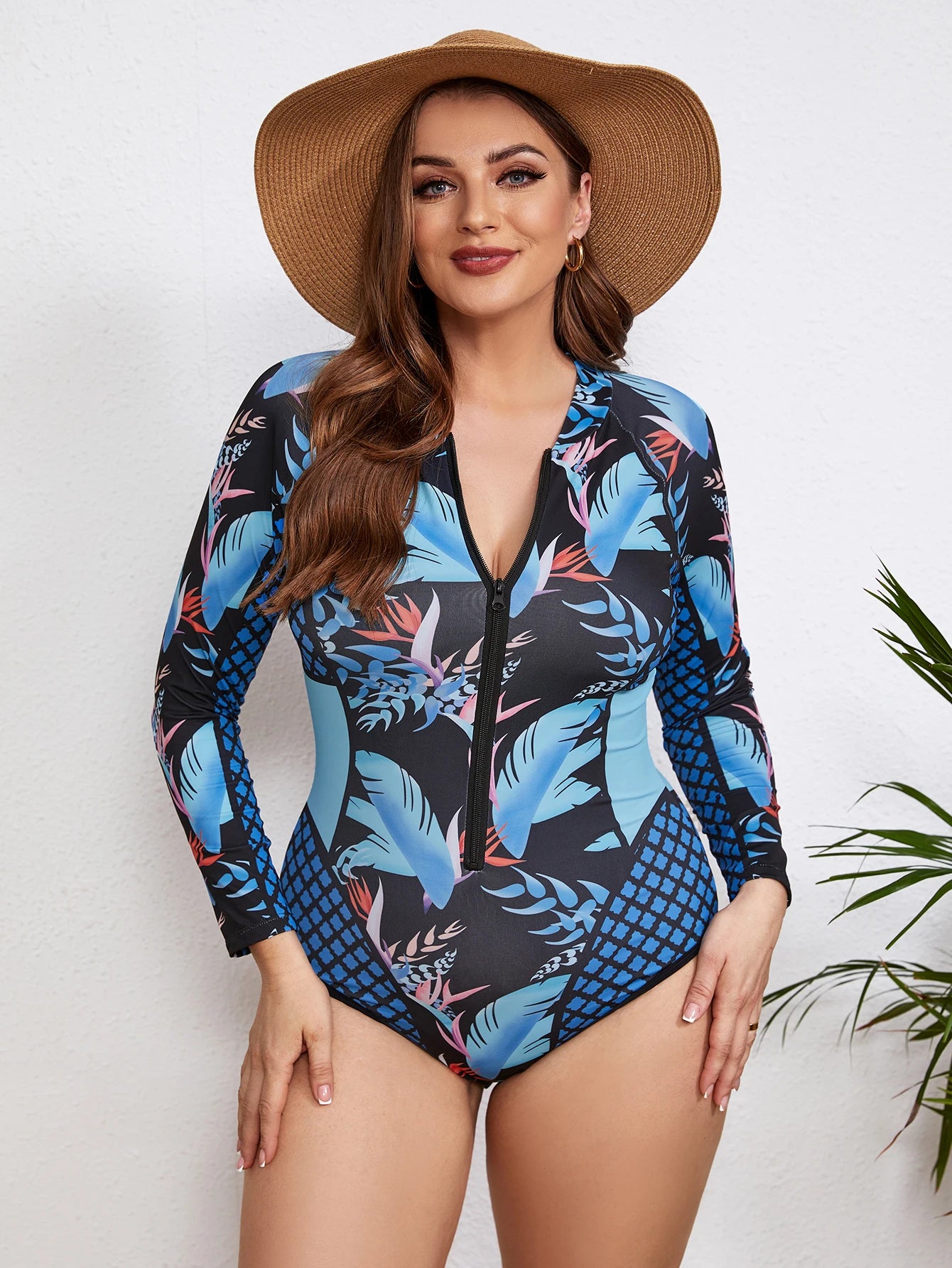 Swimsuits - Floral Rash Guard Long-Sleeve Swimwear for Full-Figured Women