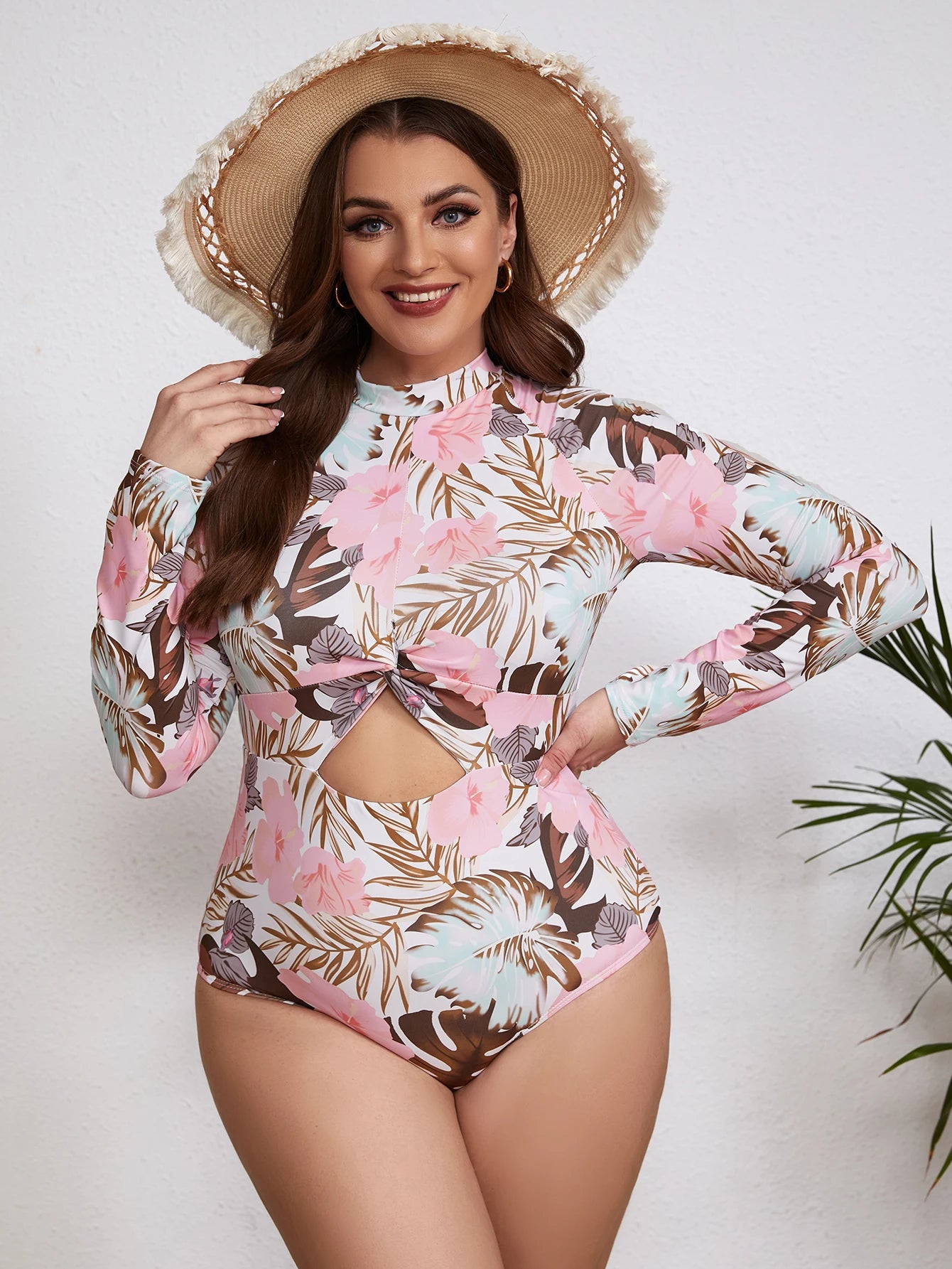 Swimsuits - Floral Rash Guard Long-Sleeve Swimwear for Full-Figured Women