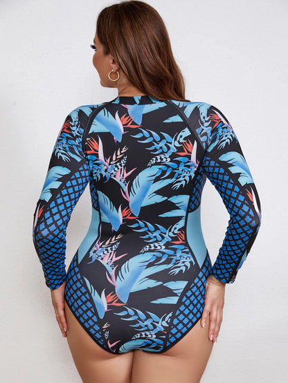 Swimsuits - Floral Rash Guard Long-Sleeve Swimwear for Full-Figured Women