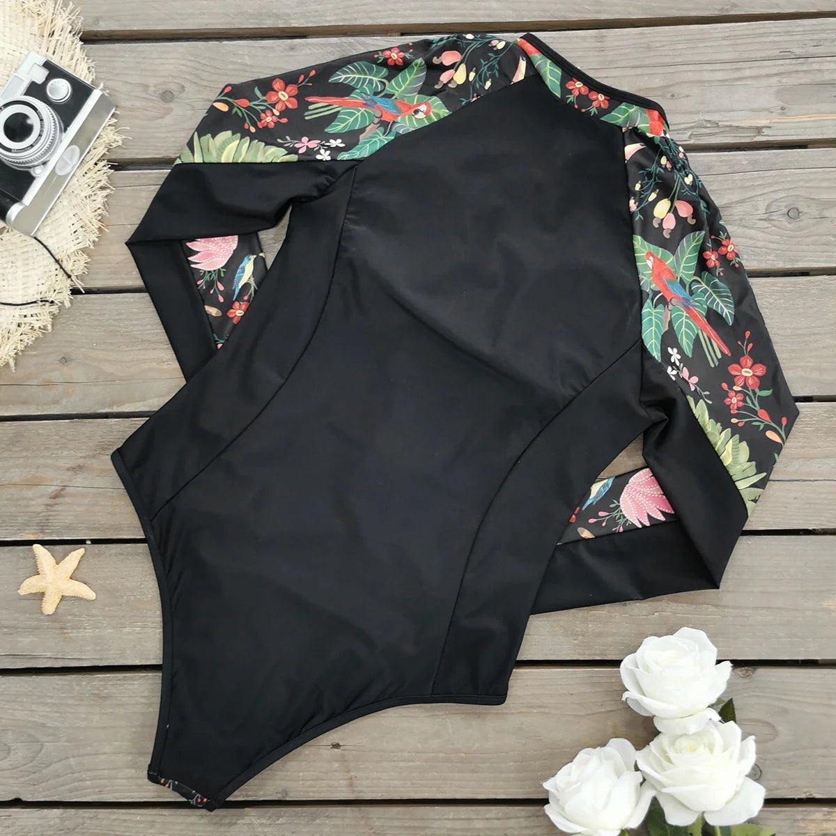 Swimsuits - Floral Rash Guard Long-Sleeve Swimwear for Full-Figured Women