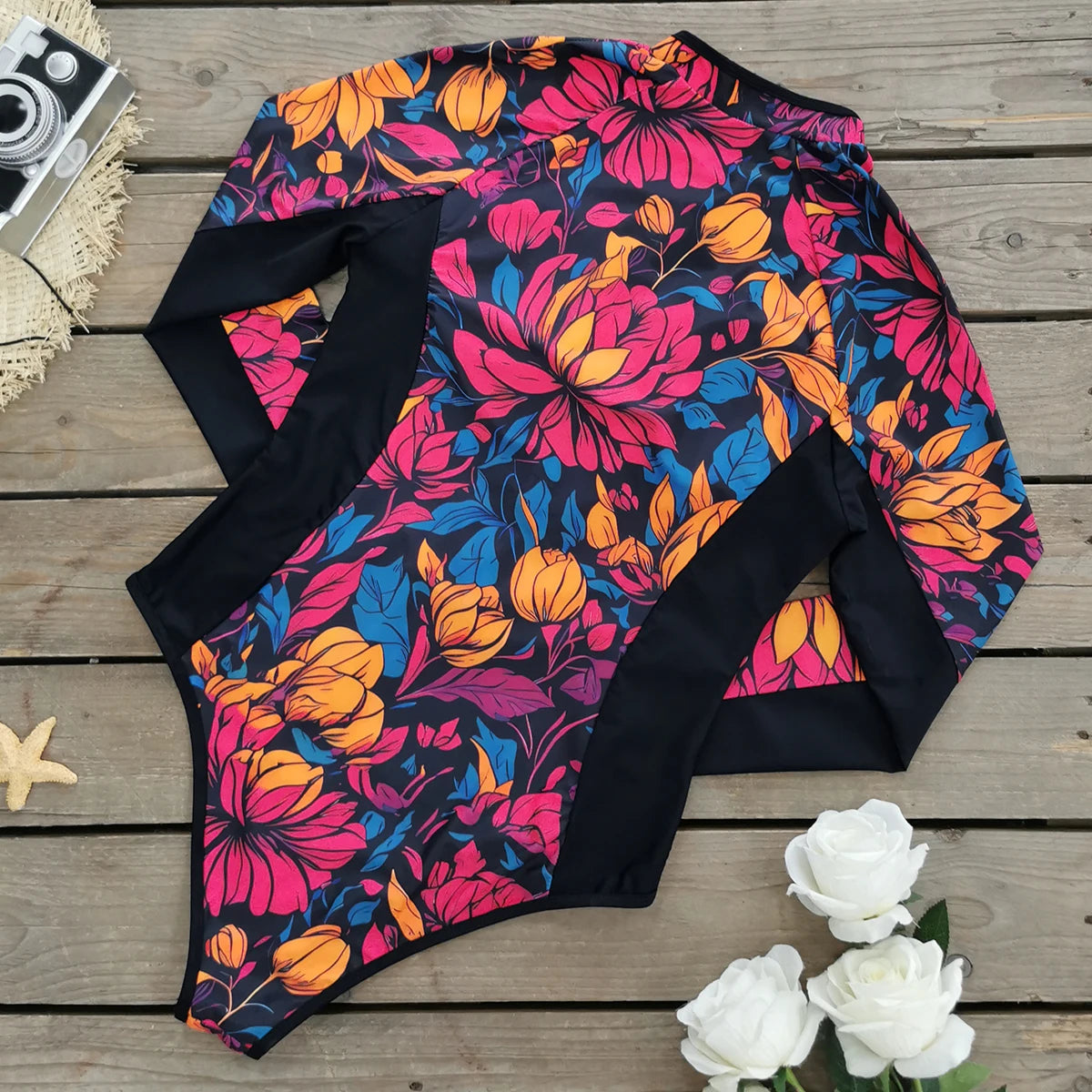 Swimsuits - Floral Rash Guard Long-Sleeve Swimwear for Full-Figured Women