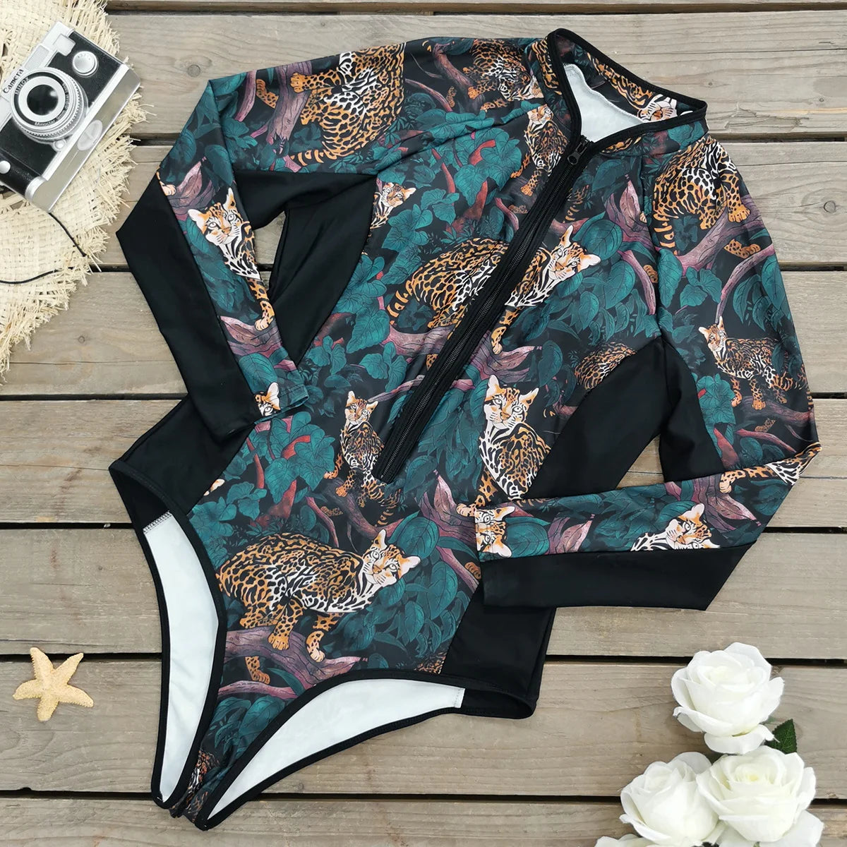 Swimsuits - Floral Rash Guard Long-Sleeve Swimwear for Full-Figured Women