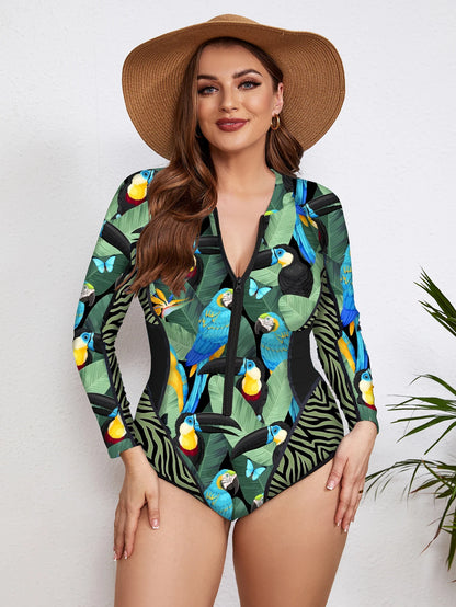 Swimsuits - Floral Rash Guard Long-Sleeve Swimwear for Full-Figured Women