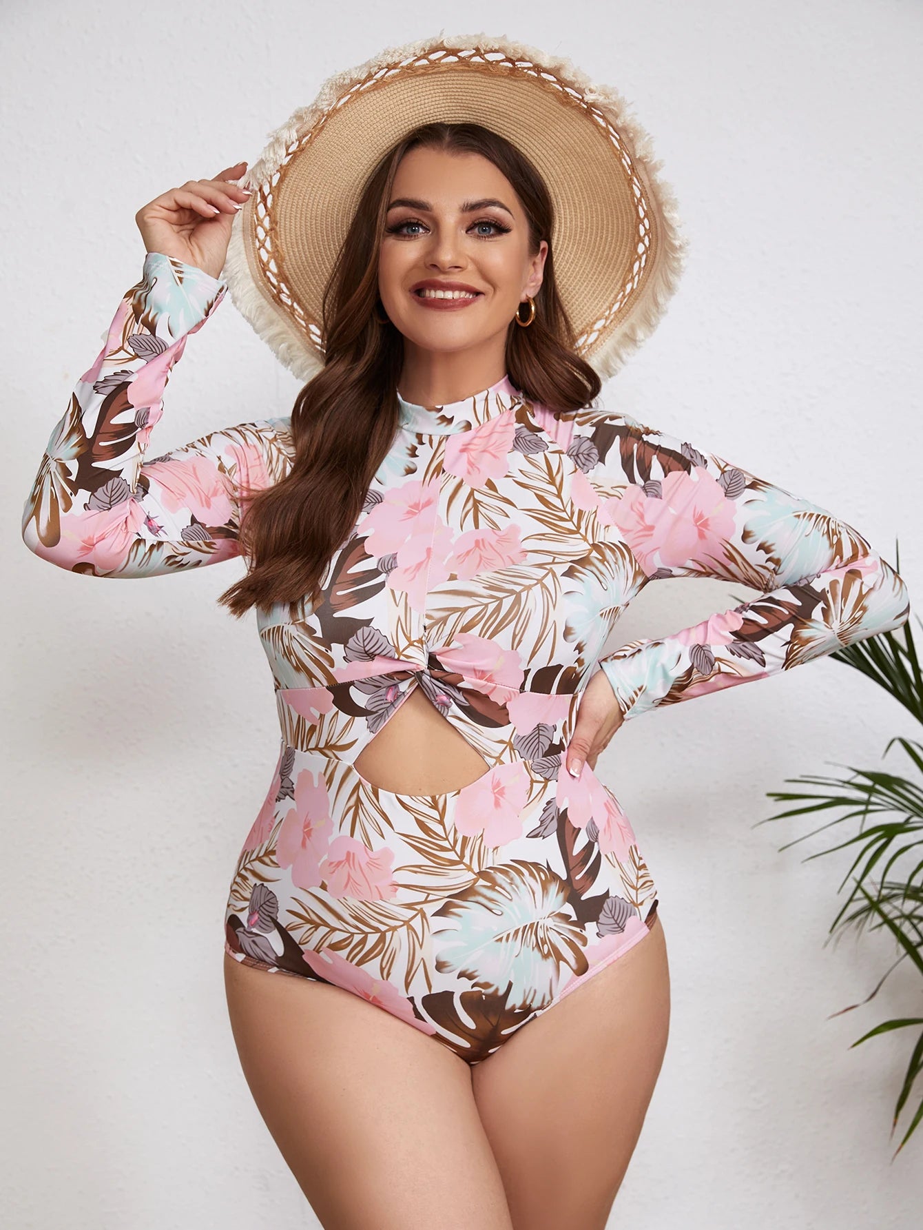 Swimsuits - Floral Rash Guard Long-Sleeve Swimwear for Full-Figured Women