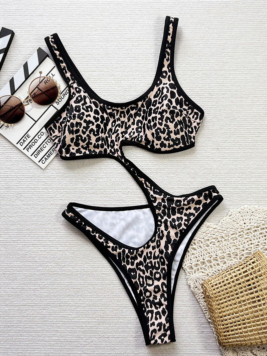 Swimsuits - Leopard Print Monokini Cutout One Piece Swimwear