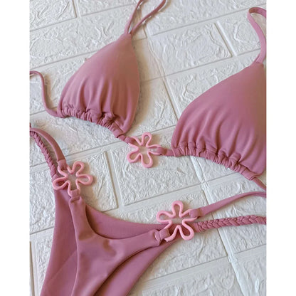 Swimsuits - Pink Floral Bikini Set Triangle Trendy Beach Swimwear