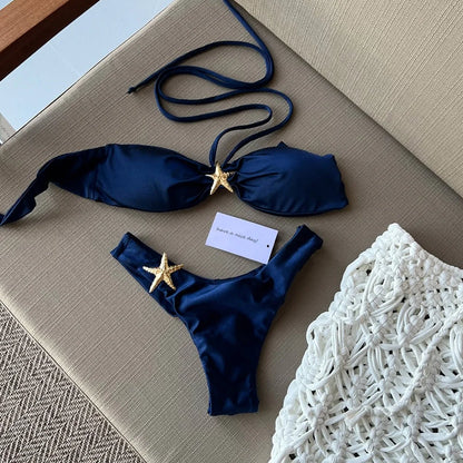 Swimsuits - Pink Navy Bandeau Bikini with Starfish Accent