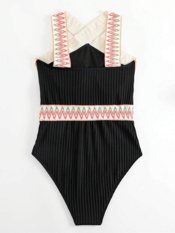 Swimsuits- Sporty Ribbed Criss-Cross One-Piece Swimsuit with Chevron Binding- - Pekosa Women Clothing