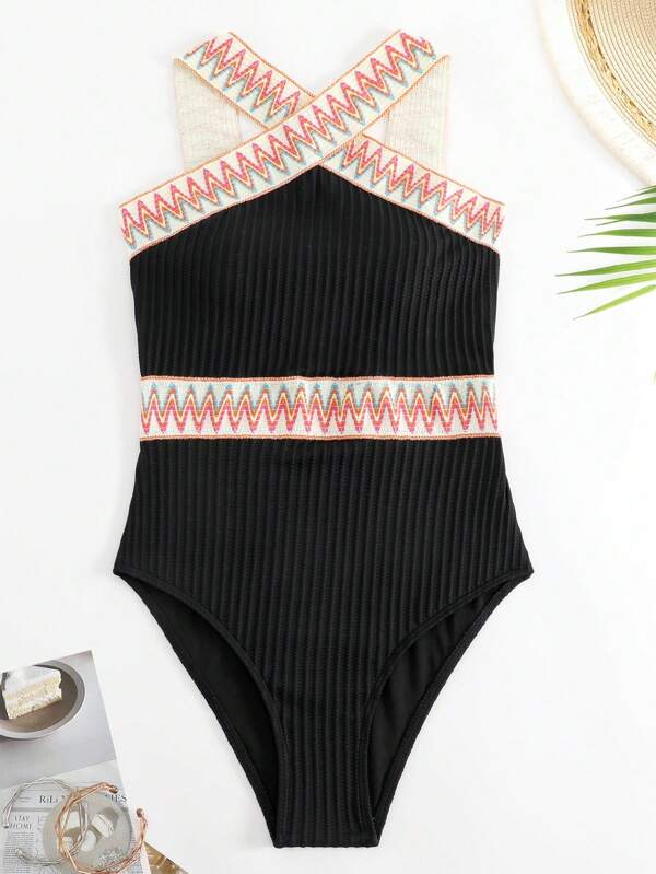 Swimsuits- Sporty Ribbed Criss-Cross One-Piece Swimsuit with Chevron Binding- - Pekosa Women Clothing