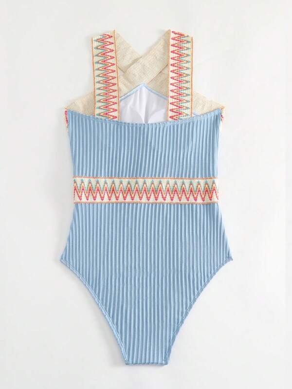 Swimsuits- Sporty Ribbed Criss-Cross One-Piece Swimsuit with Chevron Binding- - Pekosa Women Clothing