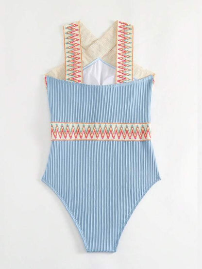 Swimsuits- Sporty Ribbed Criss-Cross One-Piece Swimsuit with Chevron Binding- - Pekosa Women Clothing