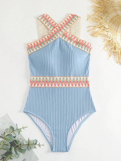 Swimsuits- Sporty Ribbed Criss-Cross One-Piece Swimsuit with Chevron Binding- - Pekosa Women Clothing