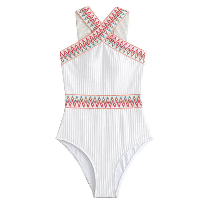 Swimsuits- Sporty Ribbed Criss-Cross One-Piece Swimsuit with Chevron Binding- - Pekosa Women Clothing