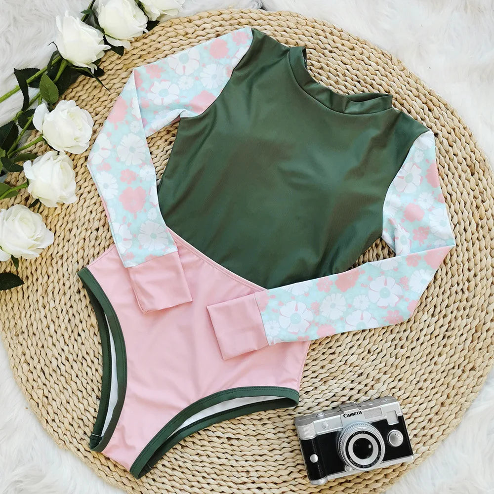 Swimsuits - Sun-Safe Floral Rash Guard Protective Swimwear